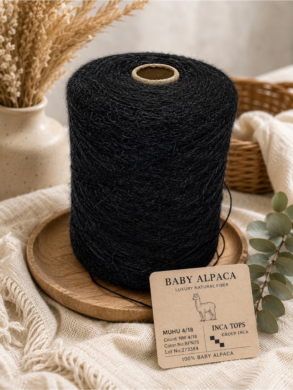 Inca Tops Baby Alpaca Yarn Cone Black Mumu 4/18 Luxury Fiber